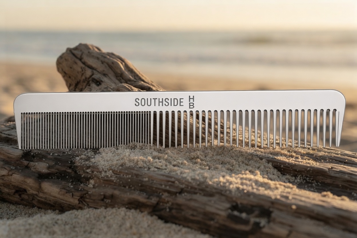 SOUTHSIDE STEEL stainless comb on driftwood and sand at the beach, SOUTHSIDE HB stamped on the spine.