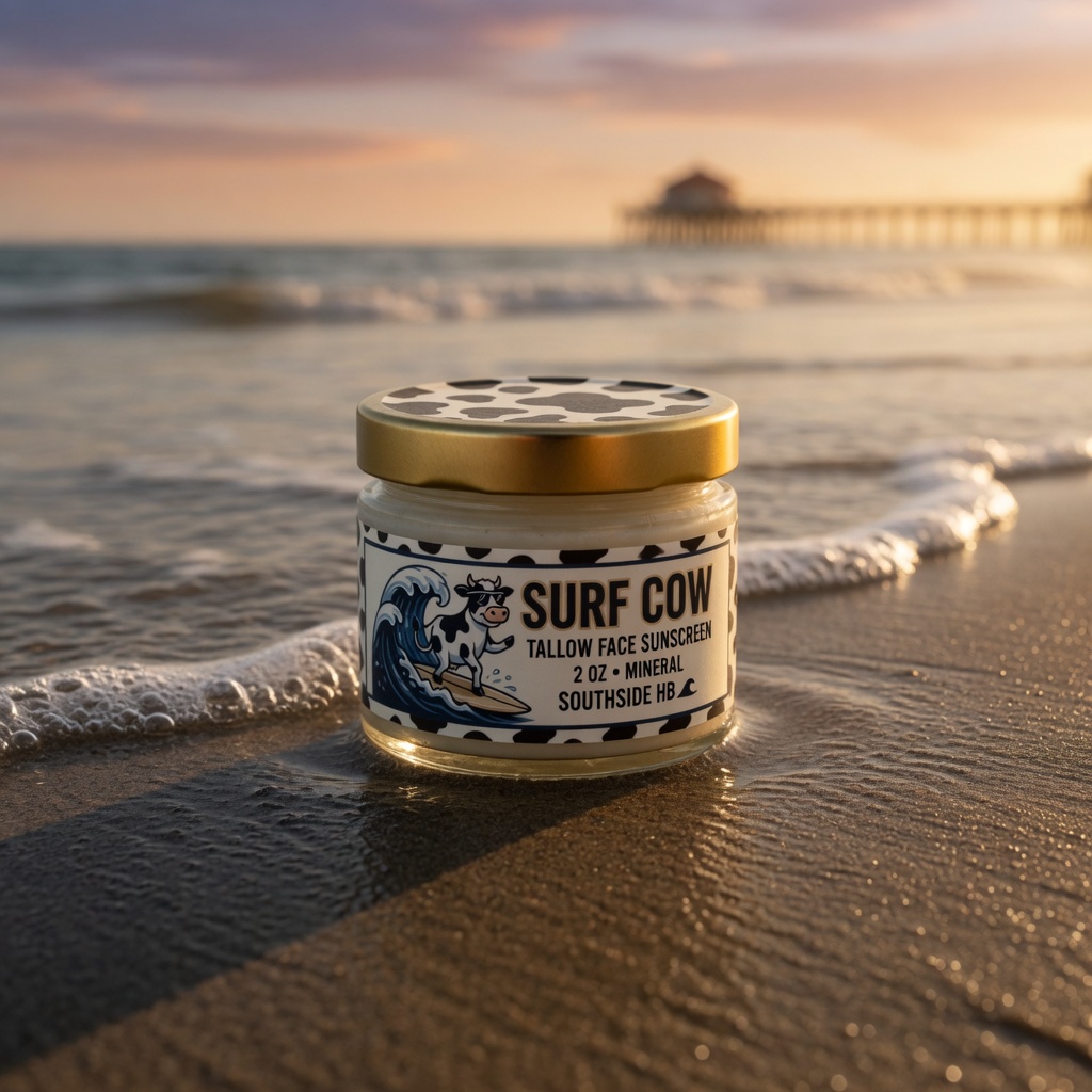 Surf Cow 2oz jar on wet sand at sunset, cow-print lid and surfing-cow label facing the camera.