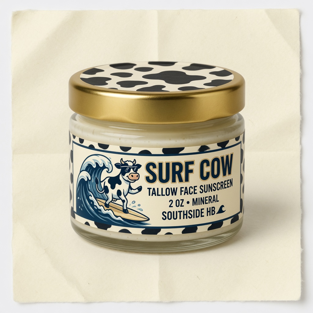 Surf Cow tallow face sunscreen 2oz glass jar with a labeled pack: surfing cow on a wave and black-and-white cow print.