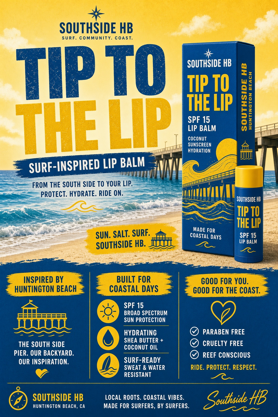 Tip to the Lip SPF 15 lip balm box and tube. SOUTHSIDE HB packaging.