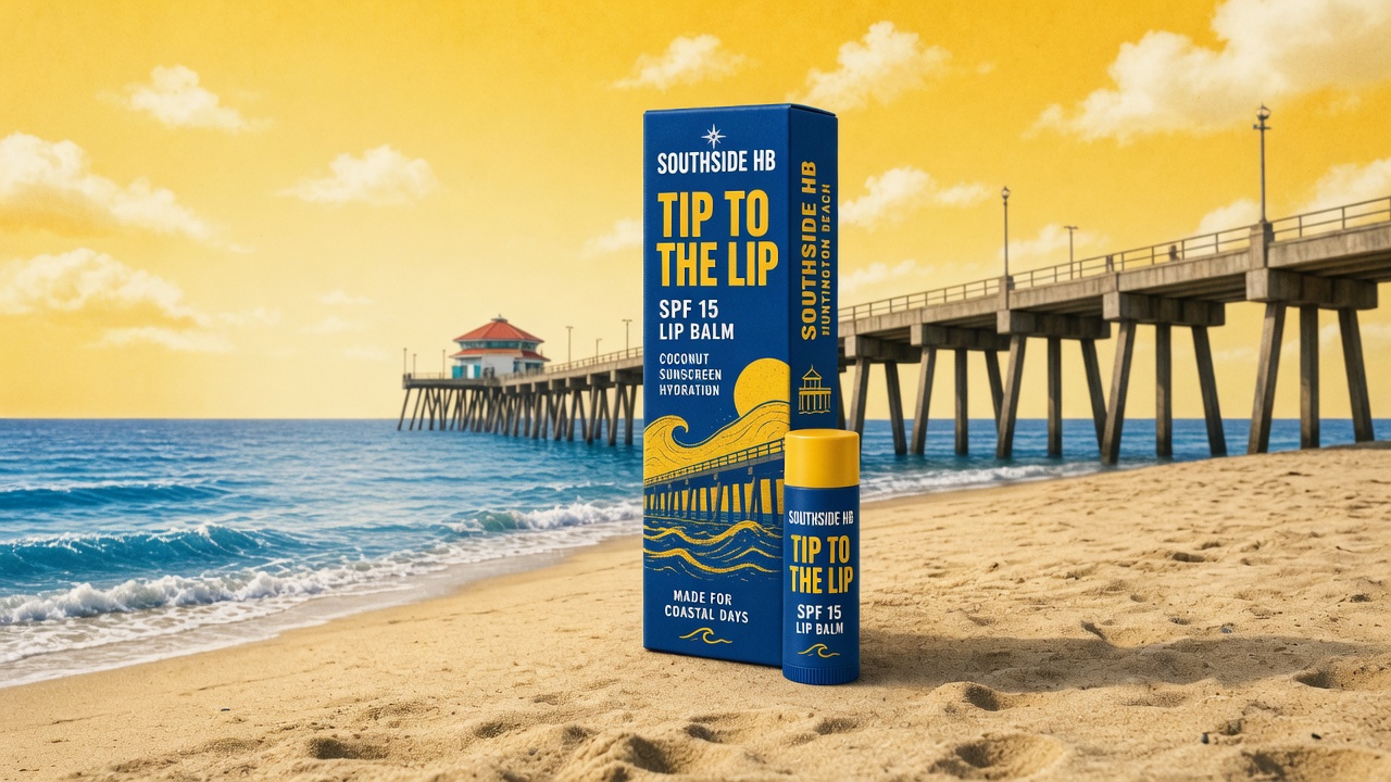 Tip to the Lip SPF 15 box and tube on the beach with the Huntington Beach pier.