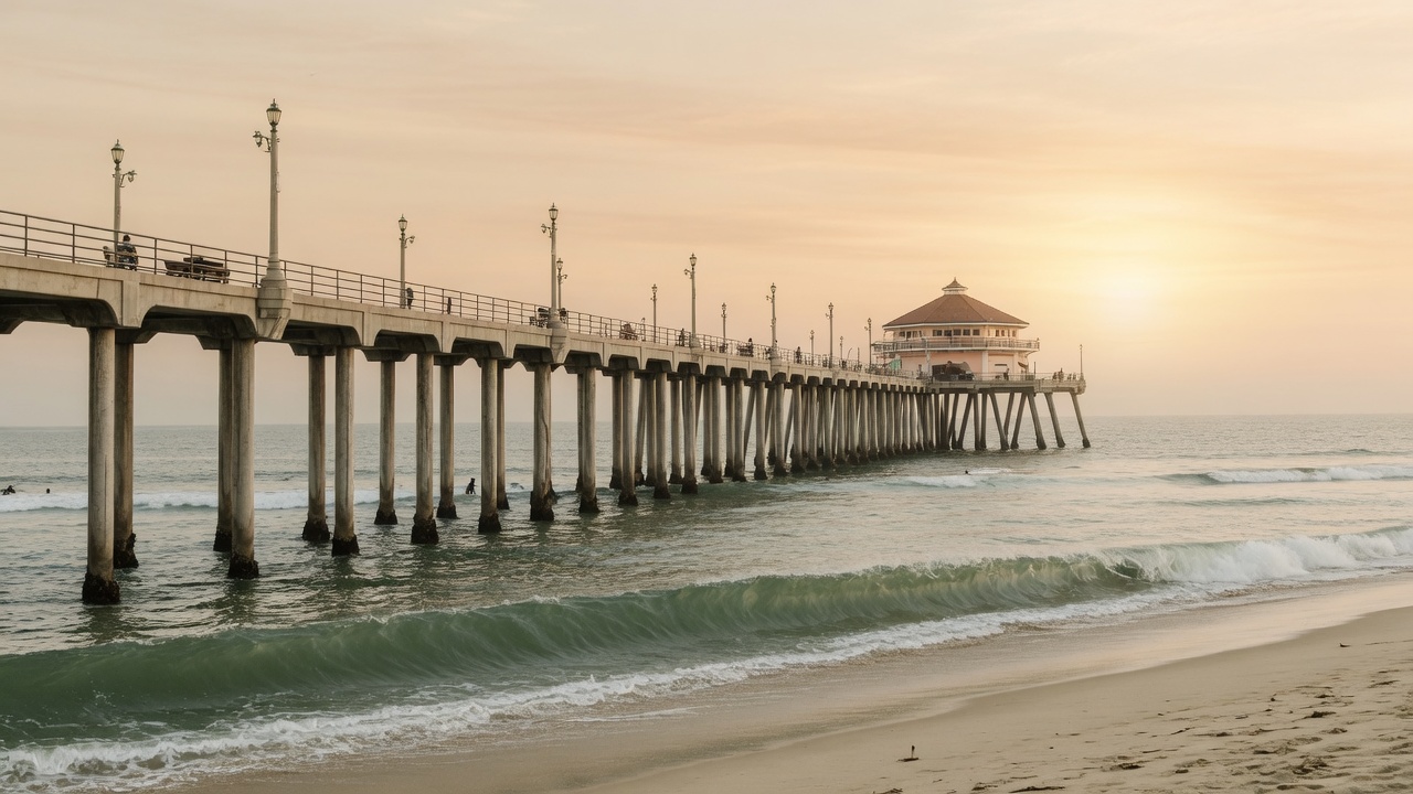 Huntington Beach pier from the south side at late afternoon, looking toward the end of the pier.